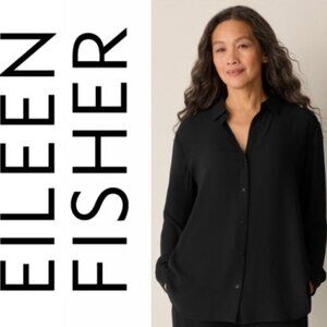 Eileen Fisher Black Button Down Blouse Relaxed Fit Size Small Stretch